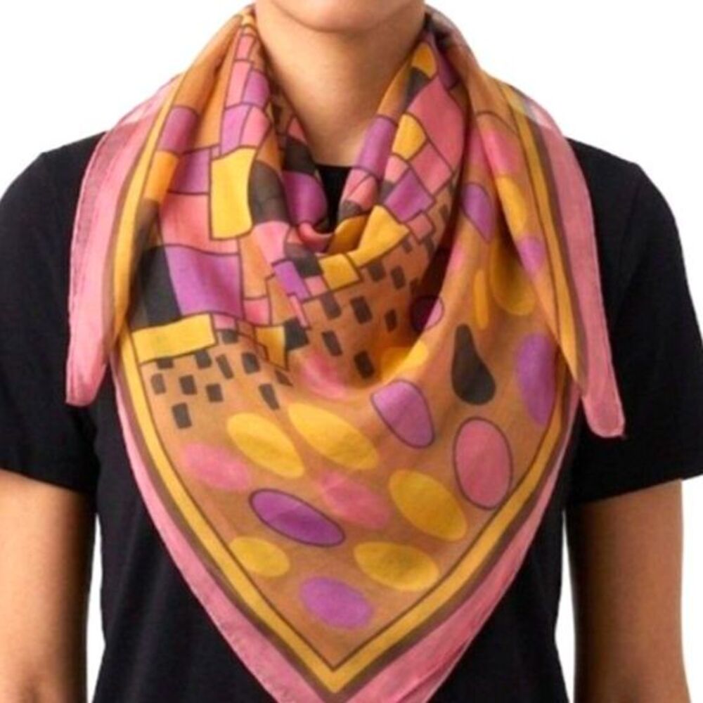 Pink Black Gold Mod Geometric Print Sheer 25" Square Vintage MCM Scarf